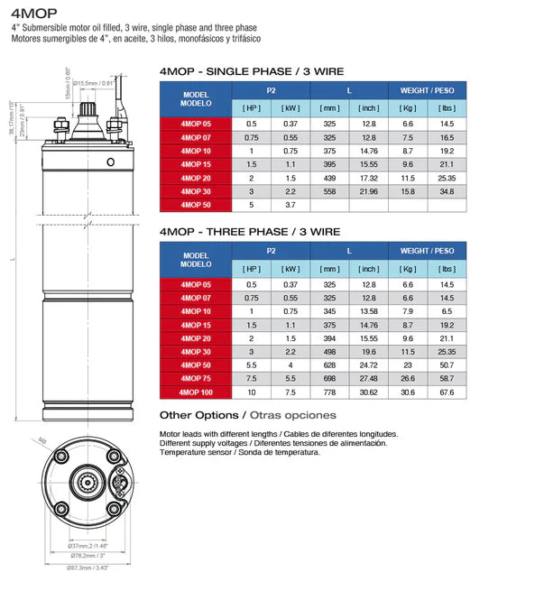 Motor Sumergible 4" Trifásico de 2 a 50 Hp , Pearl