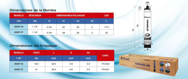 Bomba de Agua Sumergible Tipo Lapicero MINISUB 0.5 a 0.75 Hp, Pearl