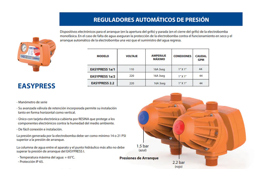 Regulador Electrónico de Presión Serie Easypress de 115 a 230 V, Pedrollo